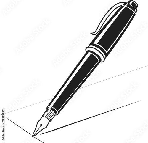 A black and white image features a ballpoint pen. The pen is positioned diagonally from the upper right to the lower left of the frame. The body of the pen is cylindrical, with a cap on the top and a 