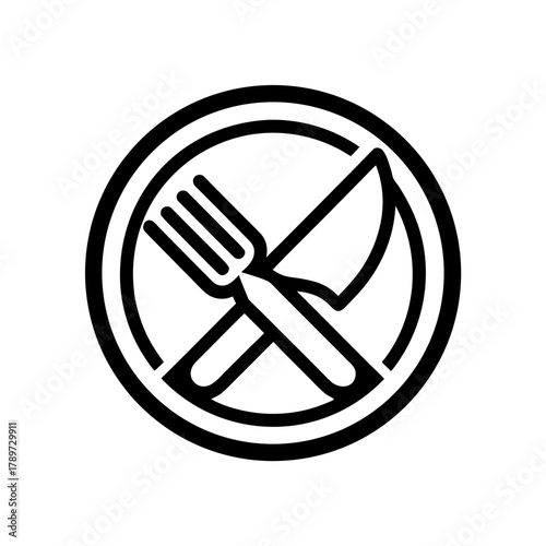 Fork and knife crossed inside a circle black and white on transparent background