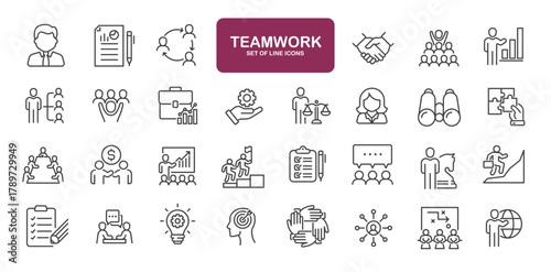 Set of line icons related to management, teamwork, business, organisation. Outline icons collection