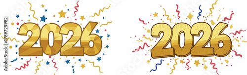 2026 celebration icons, golden typography illustration set, confetti and streamer visuals, festive New Year design, colorful party graphics