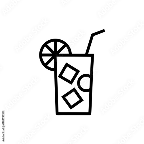 Outline of a drink with ice and a slice of citrus fruit on transparent background