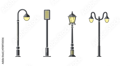 Collection of diverse modern and vintage street lamps illuminating pathways for urban or suburban settings