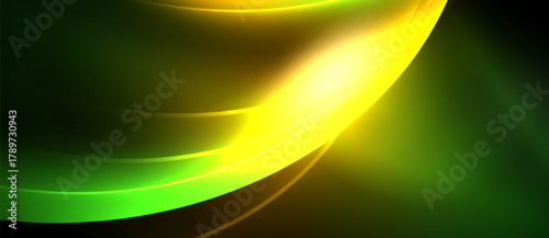 Abstract design features flowing yellow, green gradients. Smooth curves create dynamic visual effect against black background. Brightness emphasizes movement.