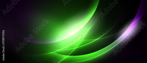 Abstract design features flowing curves, vibrant green hues, purple accents. Dark background emphasizes luminosity, creating dynamic visual effect.