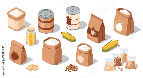 Vibrant collection of essential pantry staples including flour bags, canned goods, corn, and dried beans for healthy cooking and storage needs