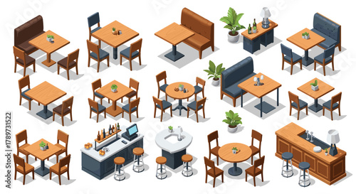 Modern restaurant and cafe interior design elements with tables, chairs, booths, and bar for commercial use