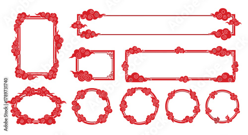 Vibrant red traditional Chinese cloud frames and borders for festive designs and cultural celebrations