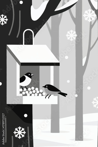 Monochromatic vector illustration of birds at snowy forest feeder. Minimalist winter scene with falling snowflakes and bare trees.