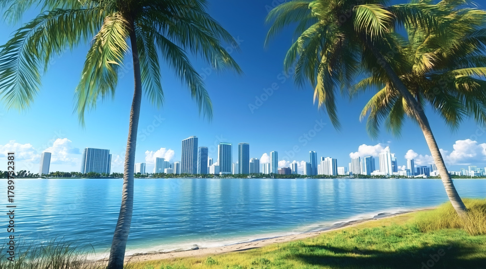Naklejka premium Palm trees and soft grass frame a calm beach with Miami city skyline across blue water, sunny sky and lush leaves create a fresh tropical scene