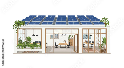 Sustainable modern office powered by solar panels, filled with lush greenery and natural light creating a productive, eco-friendly workspace