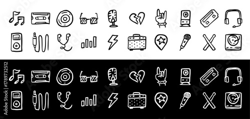 Hand Drawn Music and Audio Technology Icon Set, Doodle Outline Sketch Vector Illustration: Note, Cassette, CD, Microphone, Headphone, Player, Speaker, Lightning, Rock Hand, Broken Heart, Star