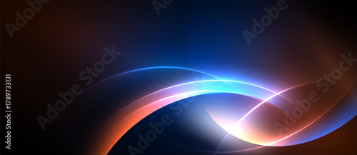 Abstract light curves blend, creating vibrant energy. Blue, orange, white hues dominate dark background. Smooth lines suggest motion.