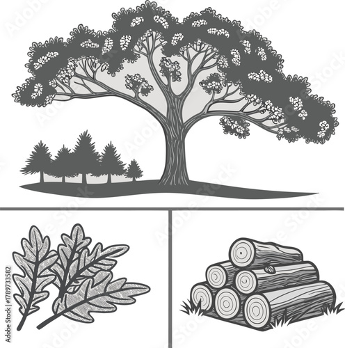 A digitally drawn illustration divided into four quadrants, each showcasing a different stage or representation of wood logs and trees. The top left quadrant features a grove of four detailed, deciduo