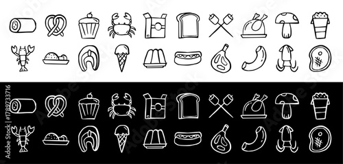 Delicious Hand Drawn Food Icon Vector Set, Outline Doodle Sketch: Bakery, Seafood, Meat, Poultry, Dessert, Bread, Pretzel, Crab, Lobster, Fish, Hot Dog, Mushroom, Menu Ingredient Collection