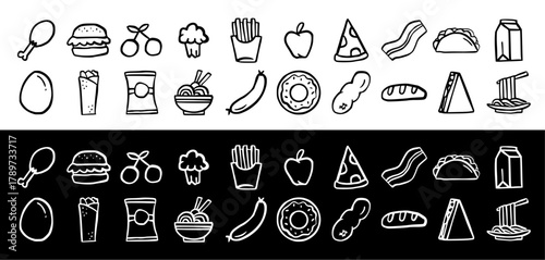 Hand Drawn Food and Drink Icon Set, Doodle Outline Sketch Vector Illustration: Hamburger, Chicken, Pizza, Vegetable, Fruit, Noodle, Donut, Breakfast, Snack, Fast Food, Culinary Art