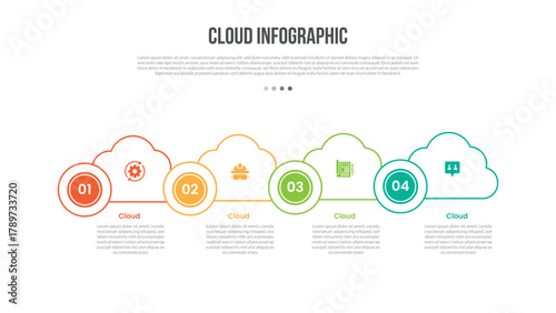 Cloud base shape infographics template diagram with sticky shape with circle badge connector on horizontal direction with 4 point step creative simple flat outline