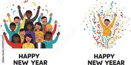 Happy New Year icons, diverse group and solo celebration illustration set, festive confetti visuals, joyful holiday design, party graphics