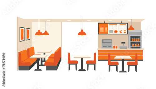 Modern diner interior with orange booths and tables, perfect for quick service restaurant branding and design concepts