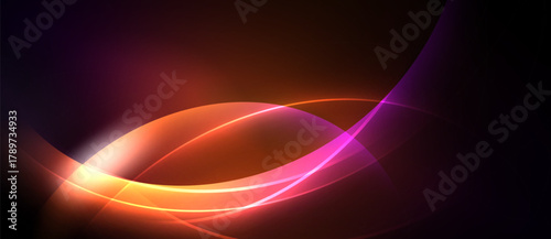 Abstract design features vibrant curves, glowing lines. Orange, pink, purple hues blend into dark background. Modern, dynamic composition.