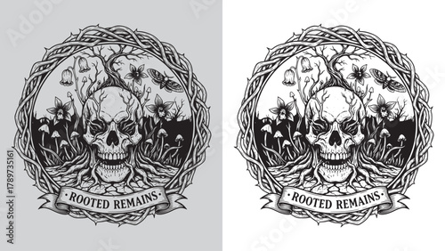 Rooted Remains: Skull Growing from Earth with Thorns, Flowers, and Moth