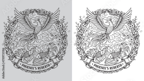 Phoenix's Rebirth: Mythical Bird Flying Over Japanese Koi Fish and Waves