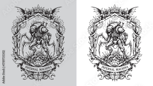 Infernal Machina: Steampunk Cyborg Insect Creature on Gear Pile