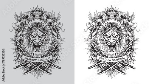 Shadow Samurai: Oni Mask and Dragons with Crossed Katana Swords