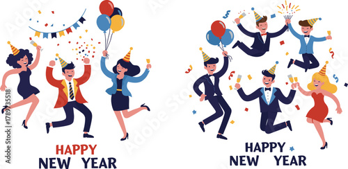 New Year celebration icons, party group illustration set, dancing and jumping visuals, festive attire, confetti and balloon design