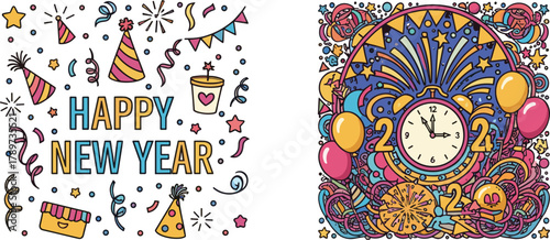 New Year celebration icons, festive illustration set, countdown clock and party decor visuals, 2024 greeting design, colorful holiday graphics