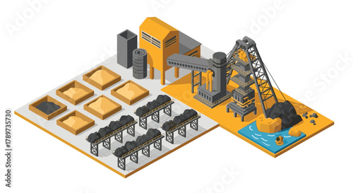 Visualize industrial mining operations with this detailed isometric illustration of a coal extraction and processing facility, showcasing heavy machinery and raw materials