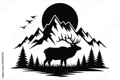 Mountain Forest Deer Silhouette Moon