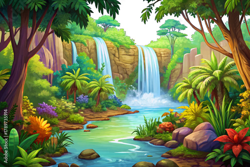 Tall waterfall cartoon cascading into wide river surrounded by lush tropical vegetation
