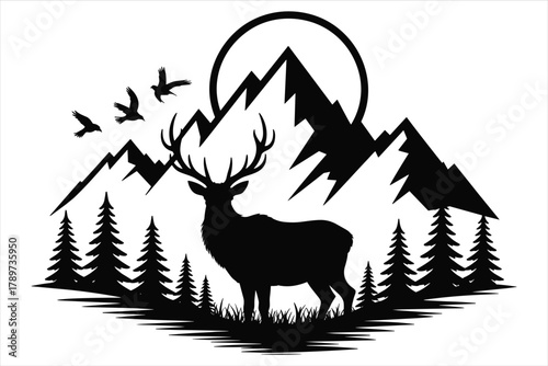 Mountain Forest Deer Silhouette Moon