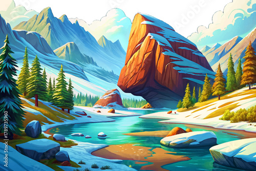 Wide river meandering through a silent valley blanketed in fresh white snow