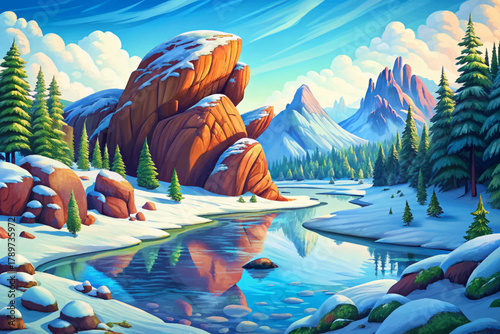 Wide river meandering through a silent valley blanketed in fresh white snow