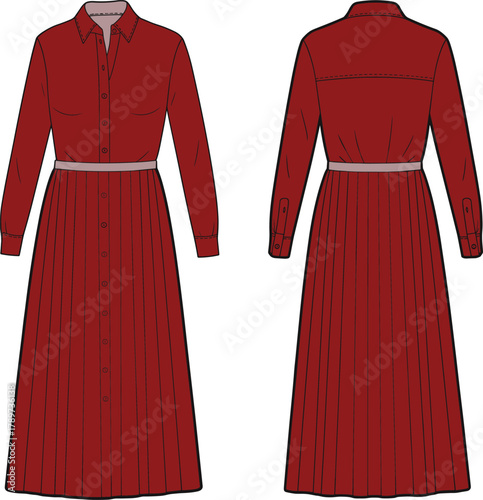 Elegant red button-down pleated dress, long sleeve formal wear, classic tailored fashion, collared waist detail, front and back view illustration