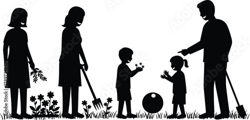 Family gardening silhouette, outdoor activity illustration, children playing in park, teamwork in nature, shovel and flowers, community garden scene, black vector
