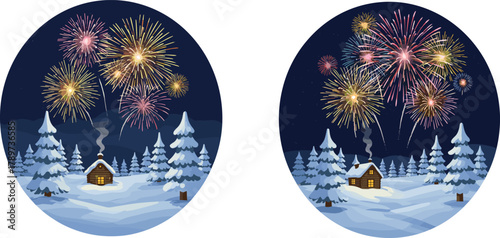 Winter fireworks icons, snowy cabin illustration set, festive night visuals, New Year celebration design, seasonal landscape graphics