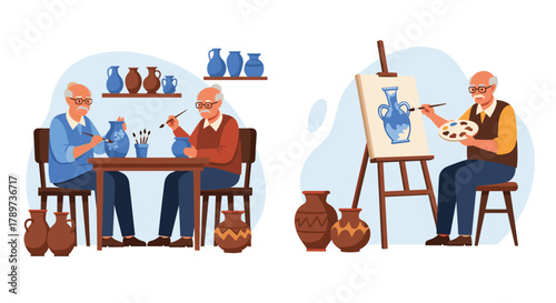 Elderly artists find joy and fulfillment creating beautiful pottery and paintings in a serene studio setting