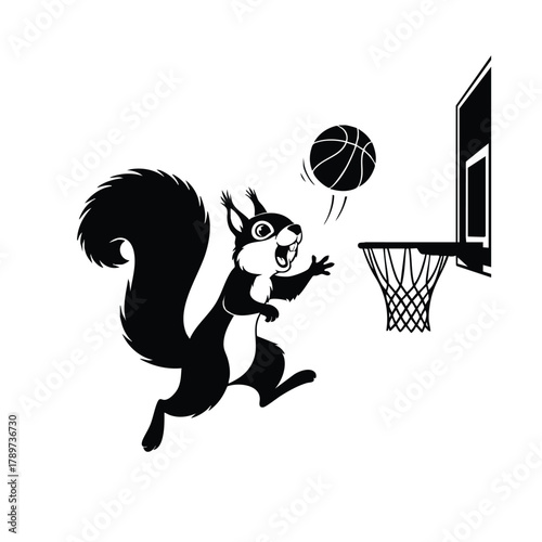 Cartoon squirrel is playing basketball reaching to ball for score in funny game vector