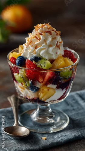 Delicious tropical fruit salad sundae with whipped cream and coconut topping being prepared for healthy eating promotion in a restaurant