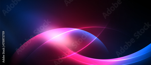 Abstract design features flowing curves, vibrant pinks, blues. Light radiates from central intersection, creating dynamic visual effect.