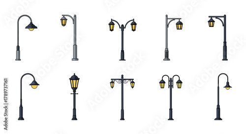 A variety of classic and modern street lamp designs perfect for illuminating cityscapes and pathways, enhancing any urban or architectural project