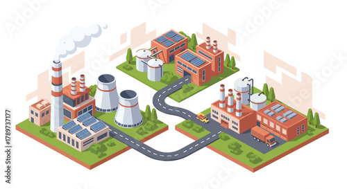 Modern industrial complex with solar panels and cooling towers powering a sustainable energy future for urban development