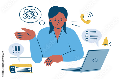 Overwhelmed woman at laptop, surrounded by notifications, messages, tasks, deadlines. Vector illustration of multitasking, stress, mental overload, difficulty focusing. Concept of digital overwhelm