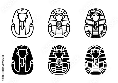 Pharaoh icon set. A set of minimalist outline illustrations of pharaoh masks, representing ancient Egyptian culture, history and royalty. Ideal for historical, cultural, and educational projects.