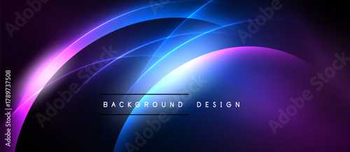 Abstract neon curves create dynamic background. Vivid purple, blue hues blend, forming modern design element. Smooth gradients offer visual depth.