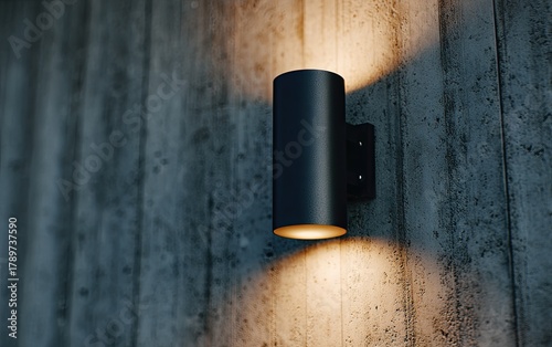 Dark, cylindrical outdoor wall light mounted on a textured concrete wall, casting a warm glow