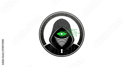 Mysterious Hacker Character Icon with Hood and Digital Eye in Circular Badge Design