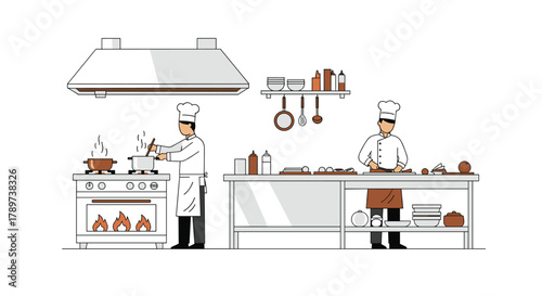 Professional chefs expertly preparing culinary masterpieces in a bustling, modern kitchen environment, creating delicious meals